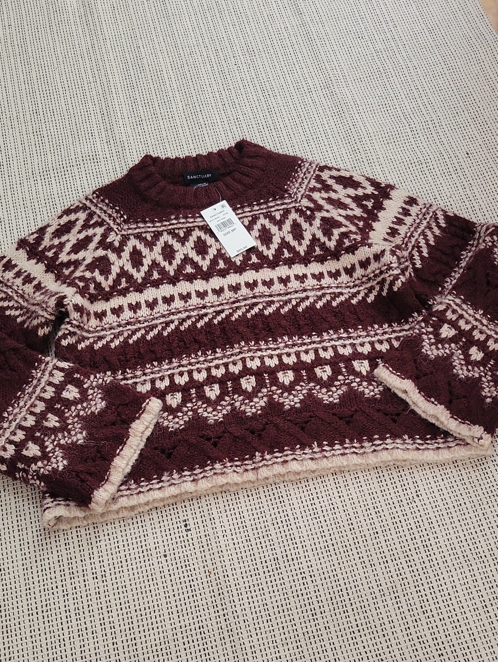 Sanctuary Maroon and Cream Fair Isle Crew Sweater MP